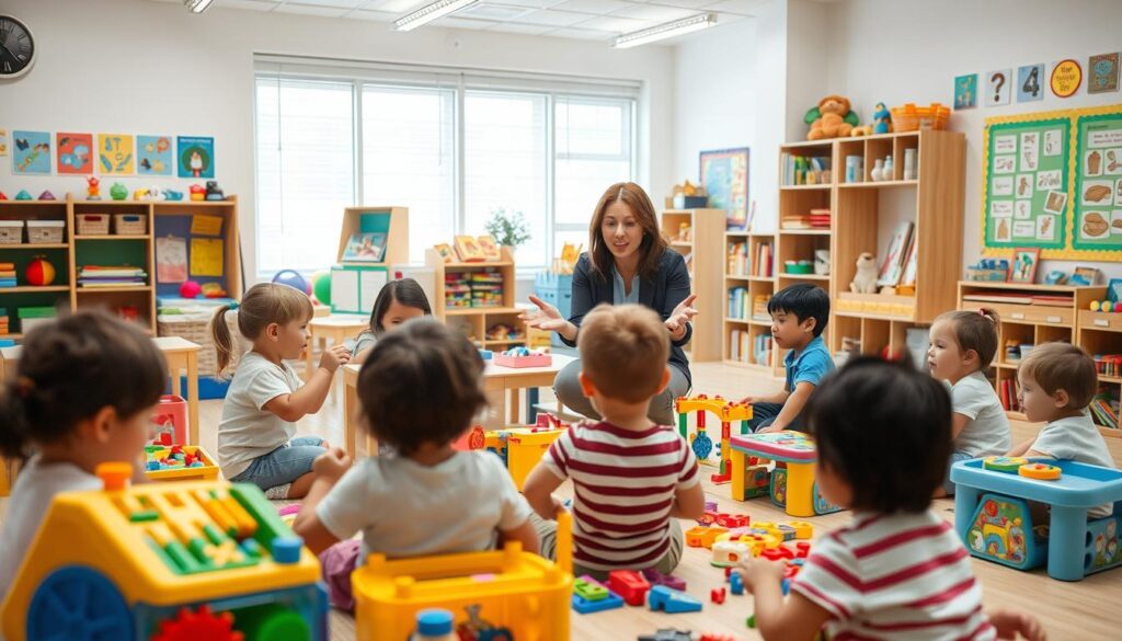 A brightly lit indoor classroom filled with a variety of playful learning materials. In the foreground, a group of young children enthusiastically engaging with educational toys, puzzles, and construction sets. The middle ground features a teacher guiding the children, using expressive gestures and a warm, inviting demeanor. The background showcases colorful wall displays, educational posters, and a cozy reading nook, creating an atmosphere of creativity and discovery. The overall scene conveys a sense of joyful, hands-on learning, where play is seamlessly integrated into the learning process. A brightly lit indoor classroom filled with a variety of playful learning materials. In the foreground, a group of young children enthusiastically engaging with educational toys, puzzles, and construction sets. The middle ground features a teacher guiding the children, using expressive gestures and a warm, inviting demeanor. The background showcases colorful wall displays, educational posters, and a cozy reading nook, creating an atmosphere of creativity and discovery. The overall scene conveys a sense of joyful, hands-on learning, where play is seamlessly integrated into the learning process.