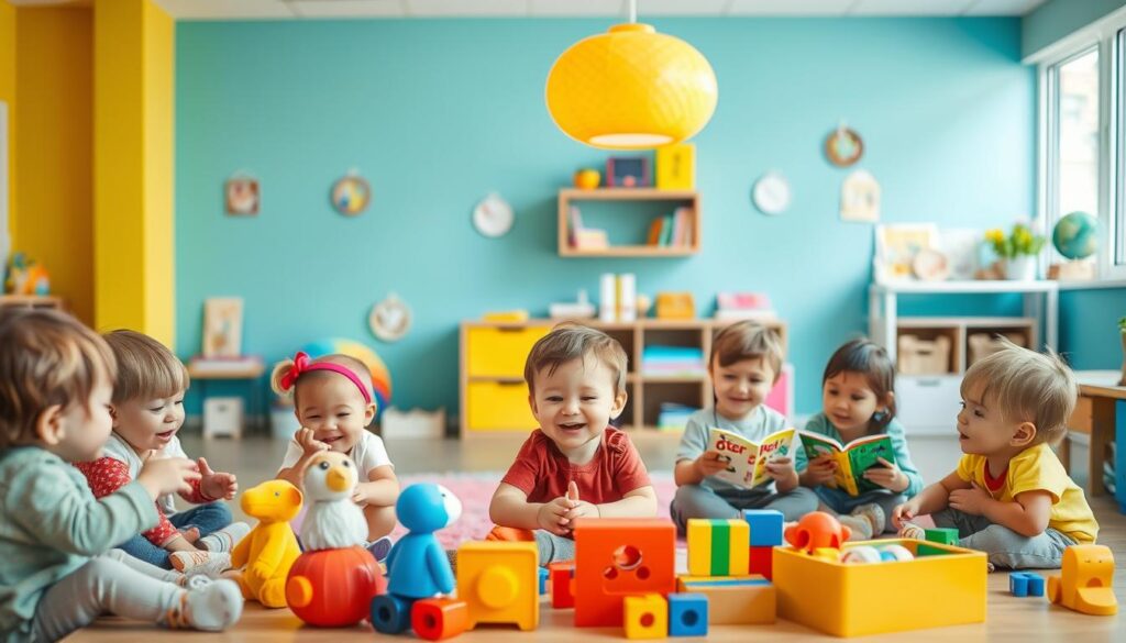 A cheerful and colorful scene showcasing interactive language play techniques. In the foreground, a group of children enthusiastically engaged in various activities that encourage speech development, such as rhyming games, storytelling, and singing. The middle ground features vibrant educational toys and props, like puppets, blocks, and picture books, all designed to stimulate verbal interactions. The background depicts a warm, inviting classroom setting with colorful walls, natural lighting, and a cozy reading nook. The overall atmosphere radiates a sense of playfulness, learning, and the joy of communication. A cheerful and colorful scene showcasing interactive language play techniques. In the foreground, a group of children enthusiastically engaged in various activities that encourage speech development, such as rhyming games, storytelling, and singing. The middle ground features vibrant educational toys and props, like puppets, blocks, and picture books, all designed to stimulate verbal interactions. The background depicts a warm, inviting classroom setting with colorful walls, natural lighting, and a cozy reading nook. The overall atmosphere radiates a sense of playfulness, learning, and the joy of communication.