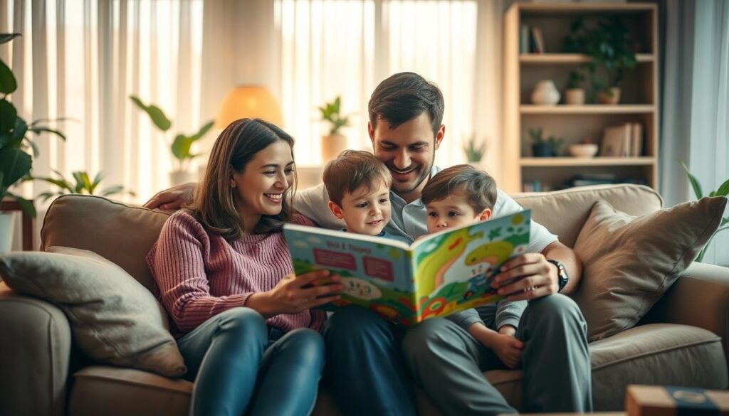 A cozy, warm-lit living room scene with a mother and father sitting on a plush sofa, engaged in animated conversation with their young child. The parents' body language is attentive and nurturing as they read aloud from a colorful storybook, the child's eyes wide with wonder. Soft natural lighting filters through sheer curtains, creating a soothing ambiance. Bookshelves and potted plants in the background suggest an intellectually stimulating, language-rich environment. The overall mood is one of intimacy, comfort, and the joyful exchange of ideas. A cozy, warm-lit living room scene with a mother and father sitting on a plush sofa, engaged in animated conversation with their young child. The parents' body language is attentive and nurturing as they read aloud from a colorful storybook, the child's eyes wide with wonder. Soft natural lighting filters through sheer curtains, creating a soothing ambiance. Bookshelves and potted plants in the background suggest an intellectually stimulating, language-rich environment. The overall mood is one of intimacy, comfort, and the joyful exchange of ideas.