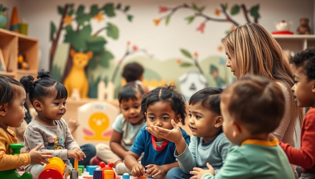 A group of diverse children engaged in interactive speech and language activities. Warm, soft lighting illuminates a cozy, nurturing classroom setting. Colorful educational toys, books, and visuals adorn the mid-ground, encouraging hands-on learning. In the foreground, a speech therapist guides the children, using gentle gestures and expressions to model pronunciation and vocabulary. The background features a soothing, nature-inspired mural, creating a calming, stimulating environment conducive to speech development. The overall scene conveys a sense of positivity, engagement, and tailored support strategies to foster speech growth. A group of diverse children engaged in interactive speech and language activities. Warm, soft lighting illuminates a cozy, nurturing classroom setting. Colorful educational toys, books, and visuals adorn the mid-ground, encouraging hands-on learning. In the foreground, a speech therapist guides the children, using gentle gestures and expressions to model pronunciation and vocabulary. The background features a soothing, nature-inspired mural, creating a calming, stimulating environment conducive to speech development. The overall scene conveys a sense of positivity, engagement, and tailored support strategies to foster speech growth.