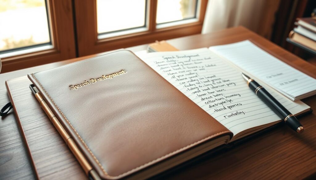 A leather-bound journal with a gold-embossed "Speech Development" title sits on a wooden desk. Nearby, a fountain pen and a stack of lined pages await the user's notes. Soft, natural lighting filters in through a large window, casting a warm glow over the scene. The journal's pages feature meticulously handwritten entries tracking a child's speech progress, with sections for vocabulary, pronunciation, and communication milestones. The journal's cover bears subtle, decorative flourishes, conveying a sense of care and attention to detail. The overall atmosphere is one of thoughtful introspection and dedication to a child's developmental journey. A leather-bound journal with a gold-embossed "Speech Development" title sits on a wooden desk. Nearby, a fountain pen and a stack of lined pages await the user's notes. Soft, natural lighting filters in through a large window, casting a warm glow over the scene. The journal's pages feature meticulously handwritten entries tracking a child's speech progress, with sections for vocabulary, pronunciation, and communication milestones. The journal's cover bears subtle, decorative flourishes, conveying a sense of care and attention to detail. The overall atmosphere is one of thoughtful introspection and dedication to a child's developmental journey.