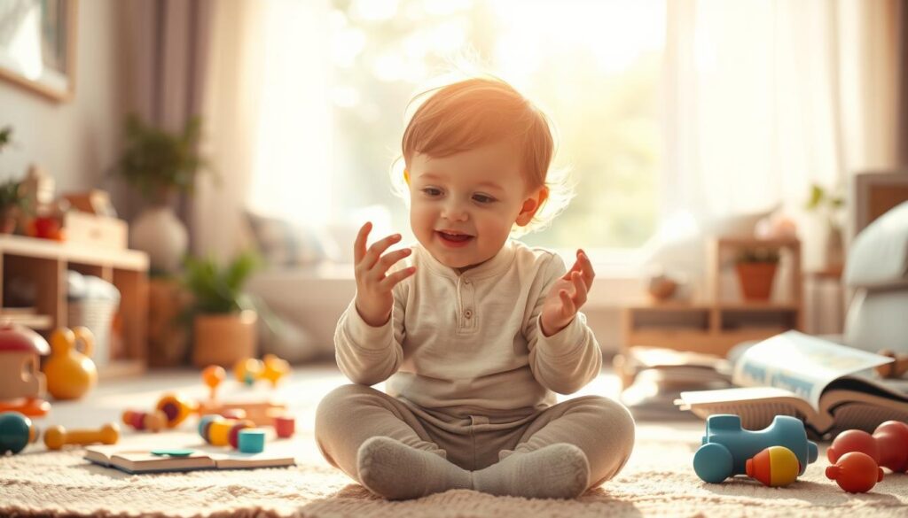 A serene, sun-dappled scene of a curious toddler exploring their speech development. In the foreground, the child sits cross-legged, brow furrowed in concentration as they babble and gesture. Their small hands flutter with expressive movements, a visual representation of the milestones unfolding. In the middle ground, an array of age-appropriate toys and books scatter, hinting at the supportive environment nurturing this journey. The background features a softly blurred, natural setting - perhaps a cozy living room or a sun-soaked backyard - conveying a sense of warmth and comfort. Warm, gentle lighting illuminates the scene, casting a dreamlike, joyful atmosphere. The overall composition evokes the key stages of toddler speech development, a visual narrative of curiosity, discovery, and growth. A serene, sun-dappled scene of a curious toddler exploring their speech development. In the foreground, the child sits cross-legged, brow furrowed in concentration as they babble and gesture. Their small hands flutter with expressive movements, a visual representation of the milestones unfolding. In the middle ground, an array of age-appropriate toys and books scatter, hinting at the supportive environment nurturing this journey. The background features a softly blurred, natural setting - perhaps a cozy living room or a sun-soaked backyard - conveying a sense of warmth and comfort. Warm, gentle lighting illuminates the scene, casting a dreamlike, joyful atmosphere. The overall composition evokes the key stages of toddler speech development, a visual narrative of curiosity, discovery, and growth.