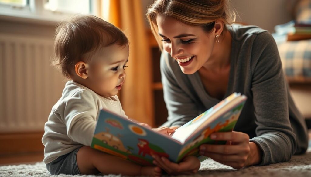 A toddler sitting on the floor, intently focused on a parent holding a colorful picture book. Warm, soft lighting from a nearby window illuminates their faces as they engage in an intimate moment of discovery and learning. The parent's expression is patient and nurturing, gently guiding the child's attention to the vibrant illustrations. The background is blurred, drawing the viewer's eye to the central interaction and the natural, unforced connection between the two. The overall scene conveys the collaborative, joyful nature of early language development, where parent and child learn and grow together. A toddler sitting on the floor, intently focused on a parent holding a colorful picture book. Warm, soft lighting from a nearby window illuminates their faces as they engage in an intimate moment of discovery and learning. The parent's expression is patient and nurturing, gently guiding the child's attention to the vibrant illustrations. The background is blurred, drawing the viewer's eye to the central interaction and the natural, unforced connection between the two. The overall scene conveys the collaborative, joyful nature of early language development, where parent and child learn and grow together.