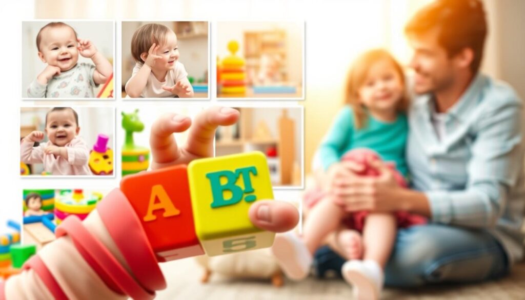 A vibrant collage depicting the milestones of a child's first words development. In the foreground, a toddler's hand reaches out, grasping a brightly colored alphabet block. Behind them, a series of snapshots showcase the joyous moments - a baby's first coo, a toddler's tentative babble, and a child's triumphant exclamation. The middle ground is a kaleidoscope of colorful toys, books, and educational tools, symbolizing the supportive environment that nurtures language growth. In the background, a warm, soft-focus scene of a loving parent and child, their bond radiating through the frame. Soft, natural lighting illuminates the scene, creating a heartwarming, nostalgic atmosphere that captures the wonder of a child's linguistic journey. A vibrant collage depicting the milestones of a child's first words development. In the foreground, a toddler's hand reaches out, grasping a brightly colored alphabet block. Behind them, a series of snapshots showcase the joyous moments - a baby's first coo, a toddler's tentative babble, and a child's triumphant exclamation. The middle ground is a kaleidoscope of colorful toys, books, and educational tools, symbolizing the supportive environment that nurtures language growth. In the background, a warm, soft-focus scene of a loving parent and child, their bond radiating through the frame. Soft, natural lighting illuminates the scene, creating a heartwarming, nostalgic atmosphere that captures the wonder of a child's linguistic journey.