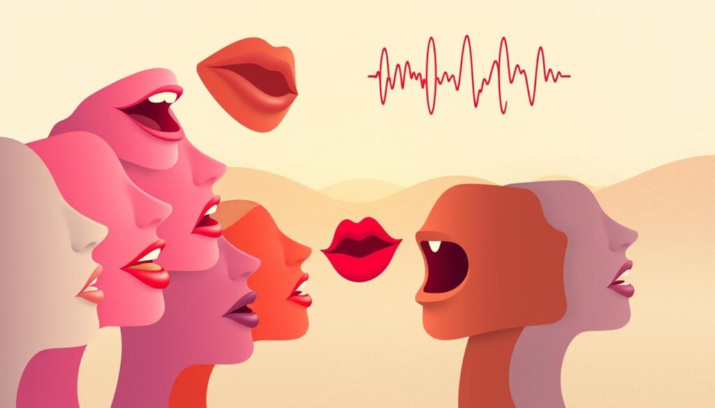 A vibrant, color-rich illustration showcasing the natural variations in human speech sounds. In the foreground, an array of animated lips and mouths in diverse shades of pink, red, and brown, artfully arranged to depict the subtle nuances of phoneme production. In the middle ground, a rich tapestry of sound waves, undulating and intersecting, visualizing the complex acoustic patterns that make up our spoken language. In the background, a muted, textured landscape, evoking the universal nature of this fundamental aspect of human communication. Soft, diffused lighting casts a warm, inclusive glow, highlighting the organic, dynamic nature of these normal speech sound variations. A vibrant, color-rich illustration showcasing the natural variations in human speech sounds. In the foreground, an array of animated lips and mouths in diverse shades of pink, red, and brown, artfully arranged to depict the subtle nuances of phoneme production. In the middle ground, a rich tapestry of sound waves, undulating and intersecting, visualizing the complex acoustic patterns that make up our spoken language. In the background, a muted, textured landscape, evoking the universal nature of this fundamental aspect of human communication. Soft, diffused lighting casts a warm, inclusive glow, highlighting the organic, dynamic nature of these normal speech sound variations.