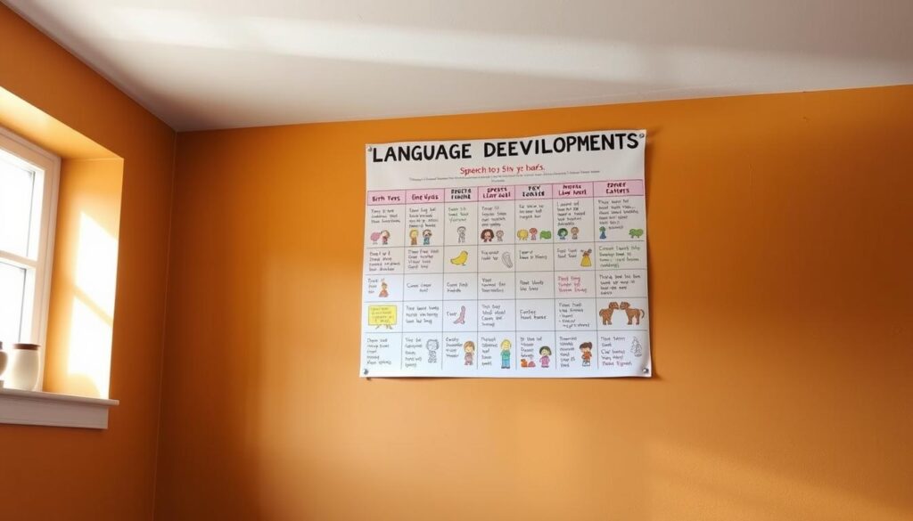 A vibrant, detailed language development milestones chart hanging on a warm, earthy-toned wall. The chart features clear, hand-drawn illustrations of a child's speech and language progression from birth to 5 years, with key developmental stages and age-appropriate expectations. The illustrations are colorful and engaging, with a playful, educational atmosphere. Soft, natural lighting from a nearby window casts a gentle glow, highlighting the chart's informative layout and design. The chart is the focal point, positioned at eye level, inviting the viewer to closely examine the valuable information it provides. A vibrant, detailed language development milestones chart hanging on a warm, earthy-toned wall. The chart features clear, hand-drawn illustrations of a child's speech and language progression from birth to 5 years, with key developmental stages and age-appropriate expectations. The illustrations are colorful and engaging, with a playful, educational atmosphere. Soft, natural lighting from a nearby window casts a gentle glow, highlighting the chart's informative layout and design. The chart is the focal point, positioned at eye level, inviting the viewer to closely examine the valuable information it provides.