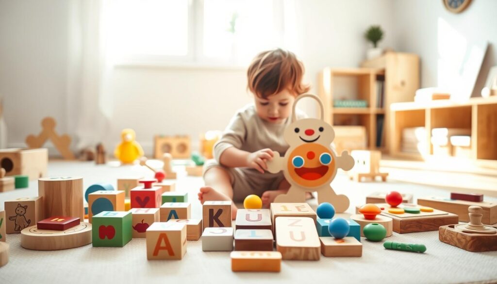 A bright, airy playroom filled with Montessori speech toys designed for vocabulary building. In the foreground, a colorful assortment of toys including wooden letter blocks, picture cards depicting various nouns, and interactive phonetic sound buttons, all neatly arranged on a soft, textured mat. In the middle, a toddler with tousled hair, dressed in a simple, modest outfit, eagerly interacts with a large, friendly toy that produces sounds when pressed. The background features a bright window letting in warm natural light, illuminating the space, and a low shelf filled with neatly organized educational materials. The mood is joyful and engaging, capturing the essence of playful learning in a nurturing atmosphere. The scene is well-composed with a shallow depth of field, focusing on the toys and the child, creating an inviting and inspiring image. A bright, airy playroom filled with Montessori speech toys designed for vocabulary building. In the foreground, a colorful assortment of toys including wooden letter blocks, picture cards depicting various nouns, and interactive phonetic sound buttons, all neatly arranged on a soft, textured mat. In the middle, a toddler with tousled hair, dressed in a simple, modest outfit, eagerly interacts with a large, friendly toy that produces sounds when pressed. The background features a bright window letting in warm natural light, illuminating the space, and a low shelf filled with neatly organized educational materials. The mood is joyful and engaging, capturing the essence of playful learning in a nurturing atmosphere. The scene is well-composed with a shallow depth of field, focusing on the toys and the child, creating an inviting and inspiring image.