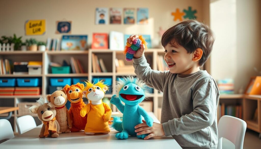 A bright and cheerful classroom setting focused on speech practice using colorful puppets. In the foreground, a young child, dressed in modest casual clothing, is animatedly interacting with a vibrant puppet, holding it up with enthusiasm. The middle of the scene features a variety of different puppets—animals, a small dragon, and a friendly monster—set on a table, showcasing their playful expressions. In the background, there are shelves filled with books and educational materials that enhance the learning atmosphere. Soft, warm lighting illuminates the space, casting gentle shadows that create a welcoming mood. The image is shot with a slight angle from above, capturing the interaction and the joyful environment, emphasizing the idea of overcoming shyness through puppet play.