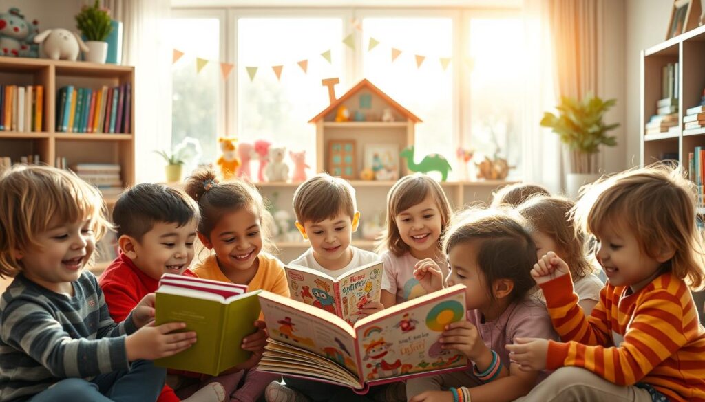 A colorful and engaging scene of children gathered around a cozy reading nook, enthusiastically participating in story and rhyme activities. In the foreground, a diverse group of children aged 4-7 is portrayed, deeply engaged with an array of storybooks and puppets, showcasing expressions of joy and curiosity. The middle ground features a whimsical backdrop of shelves filled with books, plush toys, and creative storyboards, while a warm, inviting atmosphere is illuminated by soft, golden lighting mimicking afternoon sunshine. In the background, large windows allow natural light to filter in, creating a bright and cheerful ambiance. The composition should convey a sense of wonder and imagination, emphasizing the joy of storytelling and the development of speech through playful learning. The overall mood is vibrant, educational, and heartwarming. A colorful and engaging scene of children gathered around a cozy reading nook, enthusiastically participating in story and rhyme activities. In the foreground, a diverse group of children aged 4-7 is portrayed, deeply engaged with an array of storybooks and puppets, showcasing expressions of joy and curiosity. The middle ground features a whimsical backdrop of shelves filled with books, plush toys, and creative storyboards, while a warm, inviting atmosphere is illuminated by soft, golden lighting mimicking afternoon sunshine. In the background, large windows allow natural light to filter in, creating a bright and cheerful ambiance. The composition should convey a sense of wonder and imagination, emphasizing the joy of storytelling and the development of speech through playful learning. The overall mood is vibrant, educational, and heartwarming.