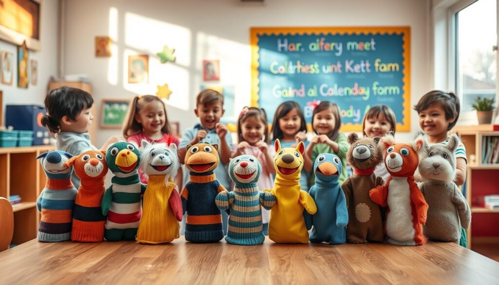 A cozy and inviting classroom scene showcasing a variety of DIY puppets made from everyday materials like socks, paper bags, and cardboard. In the foreground, a set of colorful puppets with expressive faces is positioned on a wooden table, inviting viewers to the joys of puppet play. In the middle ground, a group of children, dressed in casual clothing, enthusiastically engage in puppet-based storytelling, their smiles radiating creativity and collaboration. The background features a large bulletin board decorated with vibrant artwork and words related to language development. Soft, warm lighting filters through a nearby window, casting gentle shadows. The atmosphere is playful and inspirational, encapsulating the joy of learning through imaginative play with puppets.
