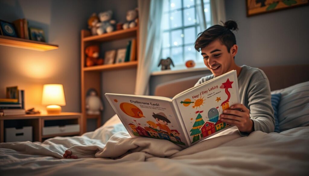 A cozy bedroom scene at bedtime, focusing on a parent and child engaged in a storytelling activity. In the foreground, the parent, dressed in comfortable, modest pajamas, sits on the edge of a bed, animatedly reading a colorful storybook. The child, with an eager expression, snuggles under a soft blanket, their eyes wide with curiosity. In the middle ground, a warm bedside lamp casts a gentle glow, illuminating vibrant illustrations on the pages, creating a sense of intimacy and connection. In the background, shelves filled with books and stuffed animals add a whimsical touch, while stars twinkle softly through a window, enhancing the magical bedtime atmosphere. The overall mood is nurturing and peaceful, highlighting the joy of bedtime communication and bonding. A cozy bedroom scene at bedtime, focusing on a parent and child engaged in a storytelling activity. In the foreground, the parent, dressed in comfortable, modest pajamas, sits on the edge of a bed, animatedly reading a colorful storybook. The child, with an eager expression, snuggles under a soft blanket, their eyes wide with curiosity. In the middle ground, a warm bedside lamp casts a gentle glow, illuminating vibrant illustrations on the pages, creating a sense of intimacy and connection. In the background, shelves filled with books and stuffed animals add a whimsical touch, while stars twinkle softly through a window, enhancing the magical bedtime atmosphere. The overall mood is nurturing and peaceful, highlighting the joy of bedtime communication and bonding.