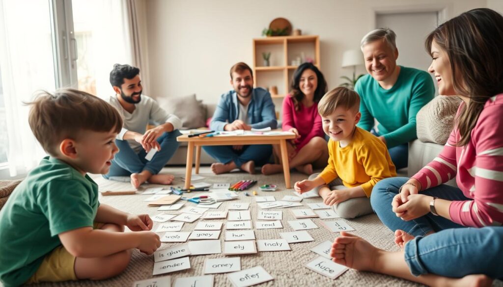 A cozy family gathering in a bright living room, focusing on two children playing a language game. In the foreground, the children, dressed in colorful casual clothing, are seated on the floor with a variety of handmade cards featuring fun vocabulary words. A table in the middle background is cluttered with art supplies like markers, paper, and scissors, showing creative game elements. The parents, also in casual attire, are observing with smiles, engaging in the joyful atmosphere. Soft, natural light spills in through a large window, illuminating the space and creating a warm, cheerful mood. The angle is slightly elevated, capturing both the children's expressions and the creative chaos around them, emphasizing the fun of making up games together.