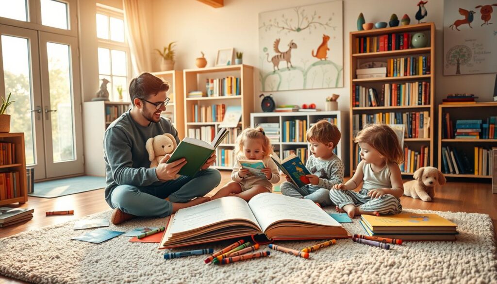 A cozy, inviting family room filled with colorful bookshelves, a plush rug, and large windows letting in warm, golden sunlight. In the foreground, a parent in casual attire sits on the rug, animatedly reading a storybook to two young children, who are wide-eyed with imagination. One child is holding a plush toy, while the other is surrounded by scattered storybooks and crayons, creating a vibrant atmosphere of creativity. In the middle ground, a gentle wooden table holds an open book with art supplies and children's drawings. The background features whimsical wall art depicting classic story characters, enhancing the enchanting mood. The scene exudes warmth and joy, emphasizing the importance of storytelling in everyday life. Use a soft focus lens for a dreamy effect, capturing the magic of daily storytelling integration. A cozy, inviting family room filled with colorful bookshelves, a plush rug, and large windows letting in warm, golden sunlight. In the foreground, a parent in casual attire sits on the rug, animatedly reading a storybook to two young children, who are wide-eyed with imagination. One child is holding a plush toy, while the other is surrounded by scattered storybooks and crayons, creating a vibrant atmosphere of creativity. In the middle ground, a gentle wooden table holds an open book with art supplies and children's drawings. The background features whimsical wall art depicting classic story characters, enhancing the enchanting mood. The scene exudes warmth and joy, emphasizing the importance of storytelling in everyday life. Use a soft focus lens for a dreamy effect, capturing the magic of daily storytelling integration.