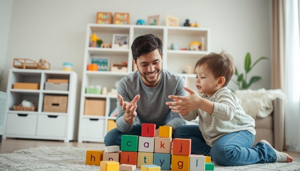 A parent and child engaged in a speech therapy activity in a cozy, well-lit living room. The parent, casually dressed, kneels alongside the child, who is playing with colorful blocks, each labeled with simple phonetic sounds. In the foreground, the child is smiling, clearly focused on assembling the blocks while the parent uses hand gestures to emphasize sounds. In the middle, shelves are filled with educational materials and toys that stimulate communication, creating a supportive learning environment. The background features a large window, allowing soft, natural light to illuminate the scene, enhancing the warmth and positivity of the atmosphere. The mood is encouraging and playful, fostering a sense of connection and communication between the parent and child.