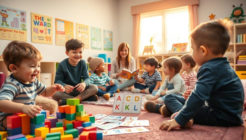 A vibrant and engaging scene depicting language development through play activities, featuring a diverse group of children aged 4-6 engaging in a variety of playful interactions. In the foreground, a child is building colorful blocks while another is playing with a set of alphabet cards, both animatedly expressing joy and curiosity. In the middle ground, a parent or educator is facilitating a storytelling session, surrounded by children sitting in a semi-circle, their attention focused and engaged. The background showcases a bright, cheerful playroom with educational posters, shelves filled with books, and soft toys, illuminated by warm, natural light coming from a large window. The atmosphere is lively and supportive, conveying a sense of wonder and creativity in language learning. A vibrant and engaging scene depicting language development through play activities, featuring a diverse group of children aged 4-6 engaging in a variety of playful interactions. In the foreground, a child is building colorful blocks while another is playing with a set of alphabet cards, both animatedly expressing joy and curiosity. In the middle ground, a parent or educator is facilitating a storytelling session, surrounded by children sitting in a semi-circle, their attention focused and engaged. The background showcases a bright, cheerful playroom with educational posters, shelves filled with books, and soft toys, illuminated by warm, natural light coming from a large window. The atmosphere is lively and supportive, conveying a sense of wonder and creativity in language learning.