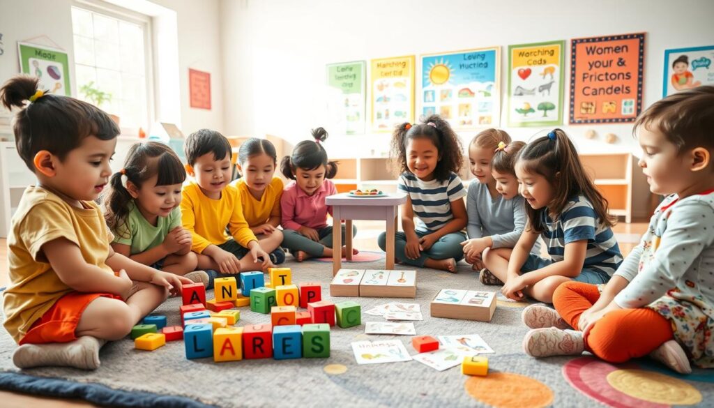A vibrant and engaging scene of children participating in various educational language games. In the foreground, a diverse group of kids, ages 5-10, are enthusiastically playing a word-building game on a colorful rug, surrounded by colorful letter blocks and cards. In the middle ground, a small table is set up with a matching game involving pictures and words displayed on cards. The background features a bright, cheerful classroom decorated with educational posters related to language and literacy. Soft, natural lighting streams in through windows, creating a warm and inviting atmosphere. The mood is joyful and lively, reflecting the excitement of learning through play.