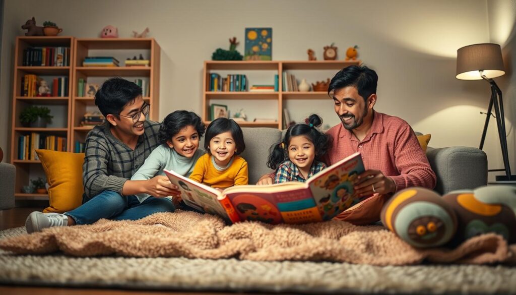 A warm, inviting living room scene during a family storytelling night. In the foreground, a diverse family of four—parents and two young children—are gathered on a cozy rug, surrounded by colorful cushions. The parents are animatedly sharing a story with joyful expressions, while the children are leaning in, eyes wide with imagination. In the middle ground, shelves filled with books and playful decorations add a sense of creativity. In the background, soft lighting from a lamp creates a gentle glow, casting shadows that enhance the intimate atmosphere. The composition is slightly angled, mimicking a storyteller’s perspective, inviting viewers to feel part of the scene. The overall mood is warm, engaging, and nurturing, perfect for fostering language skills through storytelling. A warm, inviting living room scene during a family storytelling night. In the foreground, a diverse family of four—parents and two young children—are gathered on a cozy rug, surrounded by colorful cushions. The parents are animatedly sharing a story with joyful expressions, while the children are leaning in, eyes wide with imagination. In the middle ground, shelves filled with books and playful decorations add a sense of creativity. In the background, soft lighting from a lamp creates a gentle glow, casting shadows that enhance the intimate atmosphere. The composition is slightly angled, mimicking a storyteller’s perspective, inviting viewers to feel part of the scene. The overall mood is warm, engaging, and nurturing, perfect for fostering language skills through storytelling.