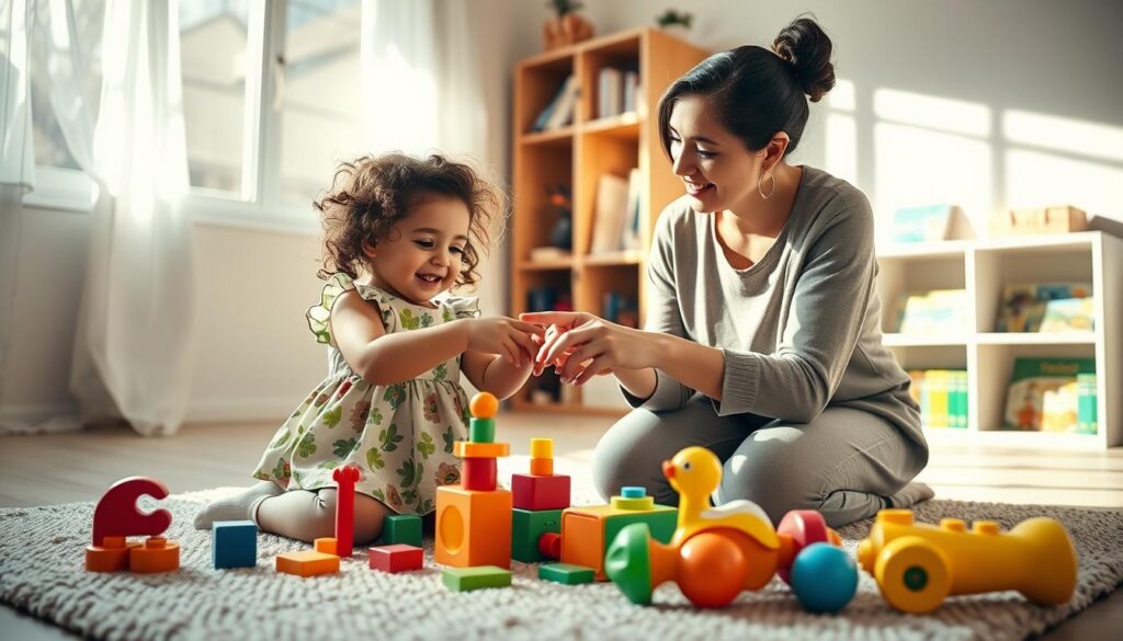 A warm, inviting scene depicting a parent and child engaged in play with colorful educational toys on a soft rug in a cozy living room. The child, a young girl with curly hair wearing a cheerful floral dress, eagerly holds a building block while the parent, a woman in modest casual clothing, kneels beside her, pointing to a toy animal and smiling. Sunlight streams through a nearby window, casting soft shadows and illuminating their interaction, creating a joyful atmosphere that embodies connection and learning. In the background, bookshelves filled with children’s books and more toys add to the nurturing environment, emphasizing the theme of dialogue and engagement in vocabulary building. The angle is slightly elevated, capturing both subjects and their playful interaction clearly. A warm, inviting scene depicting a parent and child engaged in play with colorful educational toys on a soft rug in a cozy living room. The child, a young girl with curly hair wearing a cheerful floral dress, eagerly holds a building block while the parent, a woman in modest casual clothing, kneels beside her, pointing to a toy animal and smiling. Sunlight streams through a nearby window, casting soft shadows and illuminating their interaction, creating a joyful atmosphere that embodies connection and learning. In the background, bookshelves filled with children’s books and more toys add to the nurturing environment, emphasizing the theme of dialogue and engagement in vocabulary building. The angle is slightly elevated, capturing both subjects and their playful interaction clearly.