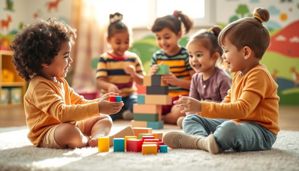 A warm, inviting scene of a diverse group of children aged 4 to 6 years engaged in playful back-and-forth conversations in a colorful playroom. In the foreground, a boy with curly hair and a girl with pigtails are sitting cross-legged on a soft rug, exchanging toy blocks with cheerful expressions, illustrating the essence of interaction. In the middle ground, two other children build a tower with blocks while giggling, showcasing dynamic play. The background features bright wall decals of animals and landscapes, adding to the playful atmosphere. Soft natural light filters through a window, casting a gentle glow on the scene, creating a joyful and nurturing mood, captured from a slightly elevated angle to encompass the whole activity space.