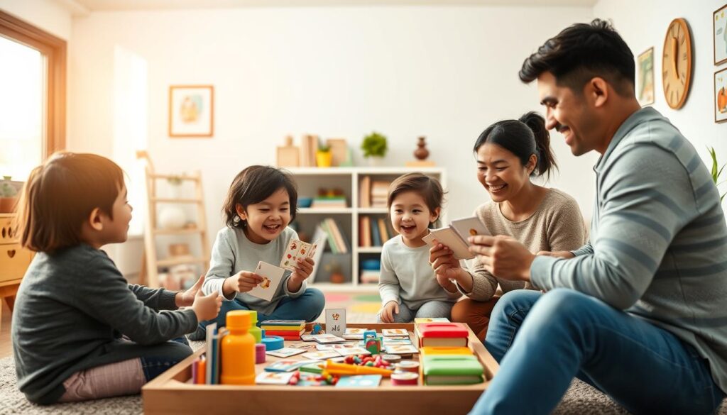 A colorful and engaging scene depicting a family environment that embodies routine-based learning strategies. In the foreground, a diverse family of four—parents and two children—are participating in a fun, interactive language game with flashcards, showcasing their collaboration and communication. In the middle, a neatly organized play area filled with books, toys, and learning materials highlights the importance of a structured environment. The background captures a cozy living room with soft, warm lighting filtering through a large window, creating a welcoming atmosphere. The mood is joyful and nurturing, reflecting the strong communication habits being developed. The setting features elements of creativity and activity, showcasing engagement in learning, with the lens set to a bright, inviting tone. A colorful and engaging scene depicting a family environment that embodies routine-based learning strategies. In the foreground, a diverse family of four—parents and two children—are participating in a fun, interactive language game with flashcards, showcasing their collaboration and communication. In the middle, a neatly organized play area filled with books, toys, and learning materials highlights the importance of a structured environment. The background captures a cozy living room with soft, warm lighting filtering through a large window, creating a welcoming atmosphere. The mood is joyful and nurturing, reflecting the strong communication habits being developed. The setting features elements of creativity and activity, showcasing engagement in learning, with the lens set to a bright, inviting tone.