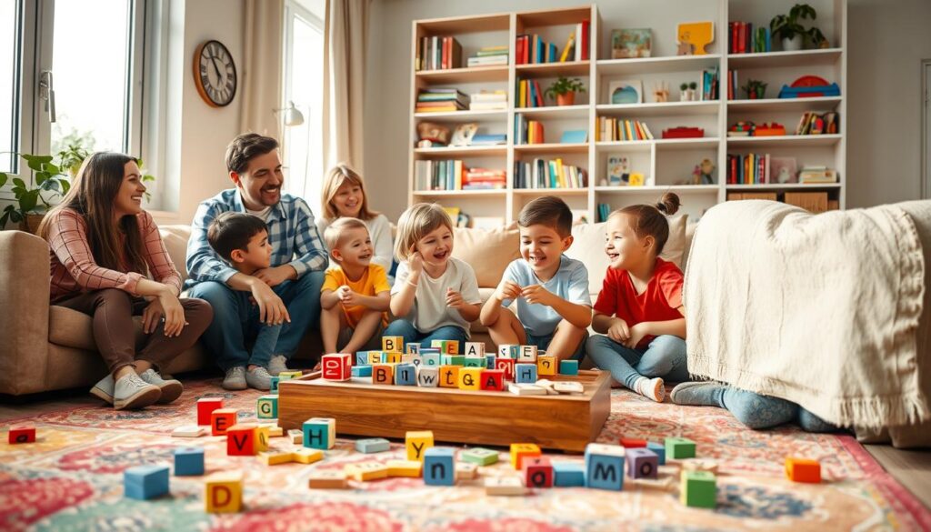 A cozy family living room filled with joy, where a diverse group of family members, including kids and adults, engage in playful language games. In the foreground, a colorful rug features alphabet blocks and rhyme cards scattered around. The middle section showcases children laughing while playing a word game at a wooden coffee table, their faces illuminated by soft, warm lighting. In the background, shelves lined with books and educational toys create an inviting atmosphere. Large windows allow natural daylight to filter in, enhancing the cheerful mood. Shot with a wide-angle lens to capture the entire scene, the composition emphasizes creativity and familial bonding, inspiring viewers with the joyful experience of learning through games. A cozy family living room filled with joy, where a diverse group of family members, including kids and adults, engage in playful language games. In the foreground, a colorful rug features alphabet blocks and rhyme cards scattered around. The middle section showcases children laughing while playing a word game at a wooden coffee table, their faces illuminated by soft, warm lighting. In the background, shelves lined with books and educational toys create an inviting atmosphere. Large windows allow natural daylight to filter in, enhancing the cheerful mood. Shot with a wide-angle lens to capture the entire scene, the composition emphasizes creativity and familial bonding, inspiring viewers with the joyful experience of learning through games.