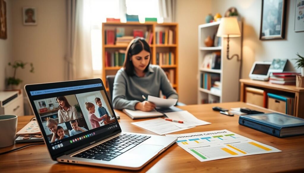 A cozy home office setting with a warm, inviting atmosphere, featuring a neatly organized desk. In the foreground, a laptop displays a paused video assessment of a child’s communication progress, showing clear video footage of the child engaging in various activities. Surrounding the laptop, colorful charts and notes on communication milestones are spread out. In the middle, a parent sits attentively, attentively taking notes, showcasing engagement in the assessment process, dressed in casual yet professional attire. In the background, a softly lit bookshelf filled with educational books and resources enhances the feeling of a nurturing learning environment. Soft, natural light pours in through a window, creating a calm and focused mood. A cozy home office setting with a warm, inviting atmosphere, featuring a neatly organized desk. In the foreground, a laptop displays a paused video assessment of a child’s communication progress, showing clear video footage of the child engaging in various activities. Surrounding the laptop, colorful charts and notes on communication milestones are spread out. In the middle, a parent sits attentively, attentively taking notes, showcasing engagement in the assessment process, dressed in casual yet professional attire. In the background, a softly lit bookshelf filled with educational books and resources enhances the feeling of a nurturing learning environment. Soft, natural light pours in through a window, creating a calm and focused mood.