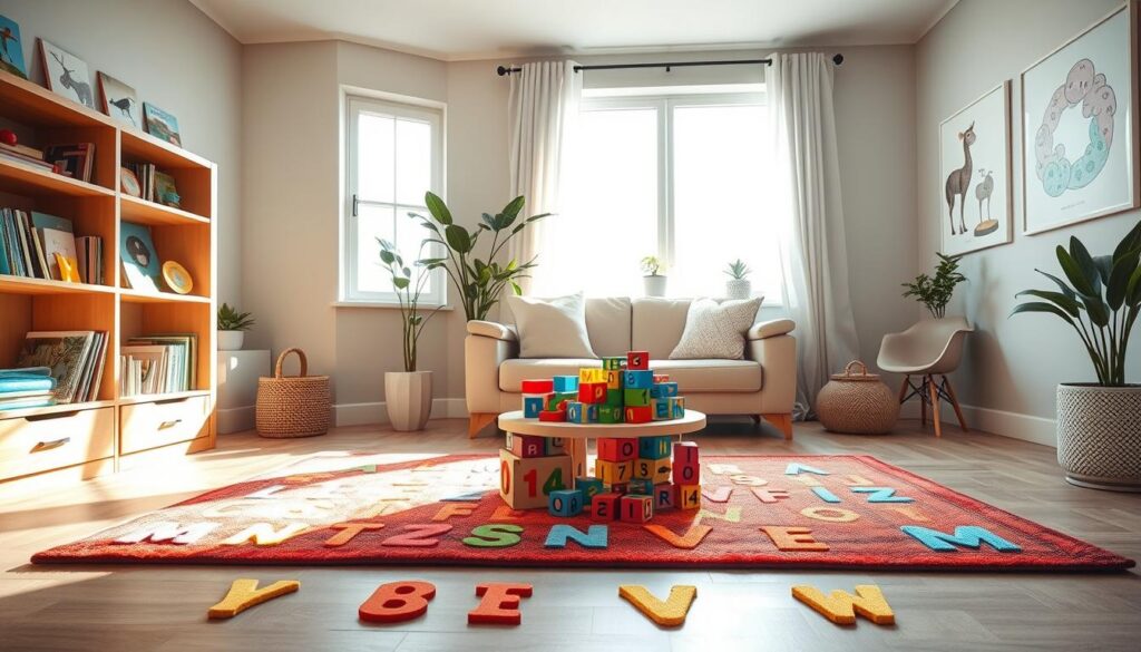 A cozy living room designed with low-cost, high-impact home environment props that support language development. In the foreground, a colorful rug with alphabet letters sprawled out, a wooden bookshelf filled with engaging children’s books, and eye-catching artwork on the walls showcasing animals and numbers. In the middle, a small round table featuring an assortment of educational toys, like letter blocks and puzzles. Soft, natural light filters through a large window, creating a warm, inviting atmosphere. In the background, plants in simple pots add a touch of greenery, enhancing the space's liveliness. The overall mood is cheerful and stimulating, emphasizing a nurturing learning environment in a home setting. A cozy living room designed with low-cost, high-impact home environment props that support language development. In the foreground, a colorful rug with alphabet letters sprawled out, a wooden bookshelf filled with engaging children’s books, and eye-catching artwork on the walls showcasing animals and numbers. In the middle, a small round table featuring an assortment of educational toys, like letter blocks and puzzles. Soft, natural light filters through a large window, creating a warm, inviting atmosphere. In the background, plants in simple pots add a touch of greenery, enhancing the space's liveliness. The overall mood is cheerful and stimulating, emphasizing a nurturing learning environment in a home setting.