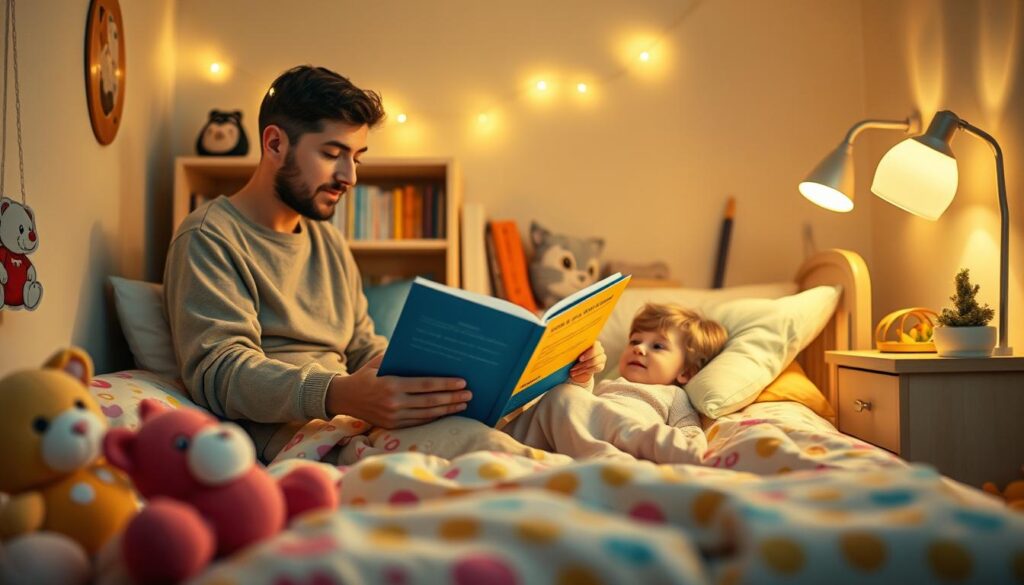 A cozy, warmly-lit children's bedroom at bedtime, showcasing a peaceful scene of a parent gently reading a story to a child who is snuggled in bed. In the foreground, plush toys and colorful bedding create a whimsical atmosphere. In the middle, the parent, dressed in modest casual clothing, sits on the edge of the bed, animatedly engaging the child with expressive storytelling. The child, wearing simple pajamas, looks intrigued and relaxed. In the background, soft fairy lights twinkle above a bookshelf filled with books and a calming nightlight casts a gentle glow. The overall mood is nurturing and inviting, emphasizing connection and relaxation, with soft focus creating a serene ambiance. A cozy, warmly-lit children's bedroom at bedtime, showcasing a peaceful scene of a parent gently reading a story to a child who is snuggled in bed. In the foreground, plush toys and colorful bedding create a whimsical atmosphere. In the middle, the parent, dressed in modest casual clothing, sits on the edge of the bed, animatedly engaging the child with expressive storytelling. The child, wearing simple pajamas, looks intrigued and relaxed. In the background, soft fairy lights twinkle above a bookshelf filled with books and a calming nightlight casts a gentle glow. The overall mood is nurturing and inviting, emphasizing connection and relaxation, with soft focus creating a serene ambiance.
