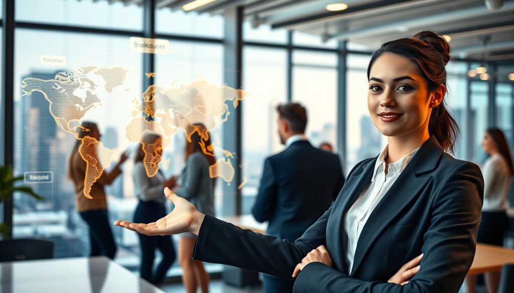 A dynamic office environment featuring diverse professionals communicating in multiple languages, highlighting the advantages of bilingualism in global careers. In the foreground, a focused young woman in smart business attire gestures toward a digital world map showcasing international connections. The middle layer shows colleagues engaged in animated discussion, with speech bubbles illustrated in various languages, emphasizing effective collaboration. In the background, a large window reveals a city skyline symbolizing global business opportunities, with bright, warm lighting illuminating the scene. The mood is vibrant and inspiring, suggesting growth and potential. Shot from a slightly elevated angle to capture the interaction and energy of the setting, with a depth of field that slightly blurs the background to maintain focus on the professionals. A dynamic office environment featuring diverse professionals communicating in multiple languages, highlighting the advantages of bilingualism in global careers. In the foreground, a focused young woman in smart business attire gestures toward a digital world map showcasing international connections. The middle layer shows colleagues engaged in animated discussion, with speech bubbles illustrated in various languages, emphasizing effective collaboration. In the background, a large window reveals a city skyline symbolizing global business opportunities, with bright, warm lighting illuminating the scene. The mood is vibrant and inspiring, suggesting growth and potential. Shot from a slightly elevated angle to capture the interaction and energy of the setting, with a depth of field that slightly blurs the background to maintain focus on the professionals.
