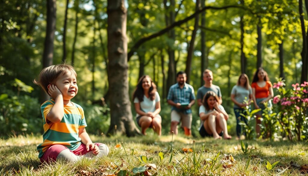 A serene forest scene focused on a diverse group of individuals engaged in playful listening activities. In the foreground, a pair of children, dressed in colorful casual clothing, sit on a grassy patch, one with a hand cupped to their ear, listening intently to the sounds of nature. The middle area features adults of various ethnicities, animatedly participating in different listening games, with lush trees and vibrant foliage creating a natural backdrop. The background is filled with soft, dappled sunlight filtering through the leaves, casting a warm, inviting glow. The mood is joyful and curious, evoking a sense of exploration and connection with nature. The image is framed with a wide-angle lens, capturing the vibrancy of the environment and the interactions among the participants. A serene forest scene focused on a diverse group of individuals engaged in playful listening activities. In the foreground, a pair of children, dressed in colorful casual clothing, sit on a grassy patch, one with a hand cupped to their ear, listening intently to the sounds of nature. The middle area features adults of various ethnicities, animatedly participating in different listening games, with lush trees and vibrant foliage creating a natural backdrop. The background is filled with soft, dappled sunlight filtering through the leaves, casting a warm, inviting glow. The mood is joyful and curious, evoking a sense of exploration and connection with nature. The image is framed with a wide-angle lens, capturing the vibrancy of the environment and the interactions among the participants.
