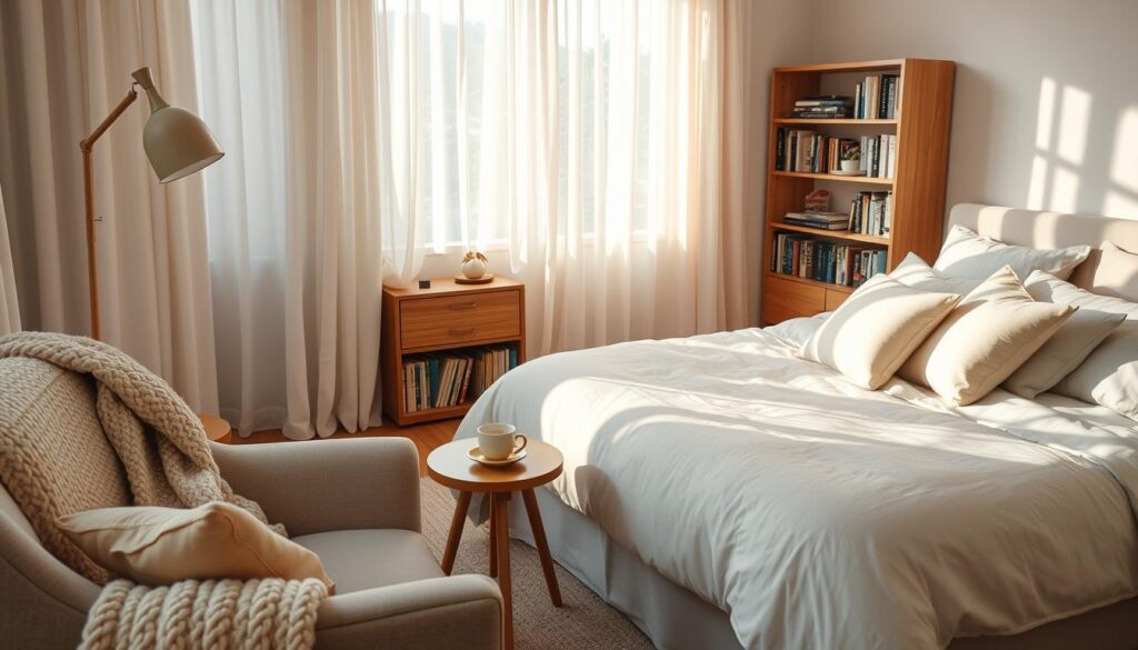 A tranquil bedroom designed for intimate, quiet conversations. In the foreground, a cozy reading nook with a plush armchair and a softly knitted throw, beside a small wooden side table holding a steaming cup of herbal tea. The middle ground features a neatly made bed adorned with soft, pastel-colored linens and an array of comfortable cushions, creating an inviting atmosphere. A warm, diffused light filters through sheer curtains, casting gentle shadows and enhancing the serene mood. In the background, a minimalist bookshelf lined with books on communication and relationships complements the space. The color palette is soft and calming, with light blues, creams, and warm wood tones. The scene evokes a sense of calm and connection, perfect for fostering meaningful discussions. A tranquil bedroom designed for intimate, quiet conversations. In the foreground, a cozy reading nook with a plush armchair and a softly knitted throw, beside a small wooden side table holding a steaming cup of herbal tea. The middle ground features a neatly made bed adorned with soft, pastel-colored linens and an array of comfortable cushions, creating an inviting atmosphere. A warm, diffused light filters through sheer curtains, casting gentle shadows and enhancing the serene mood. In the background, a minimalist bookshelf lined with books on communication and relationships complements the space. The color palette is soft and calming, with light blues, creams, and warm wood tones. The scene evokes a sense of calm and connection, perfect for fostering meaningful discussions.