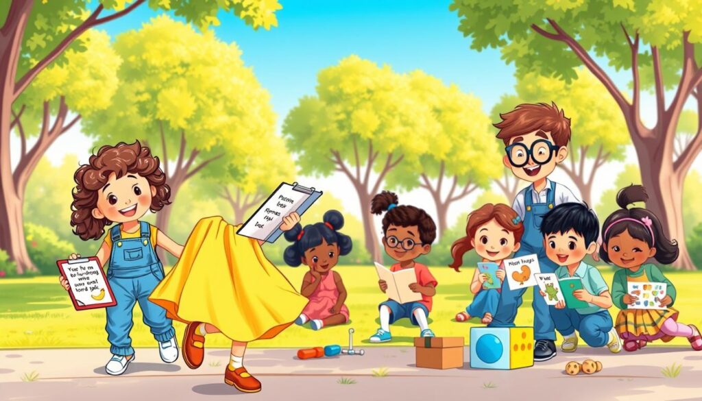 A vibrant and colorful illustration depicting a diverse group of children, aged 3 to 10, engaged in playful learning activities centered around rhymes. In the foreground, a cheerful young girl with curly hair, wearing a bright yellow dress, is jumping rope, reciting fun rhymes. Beside her, a boy with glasses in blue overalls is holding a clipboard filled with creative rhyme ideas. The middle ground features a playful scene of children of various backgrounds, including Asian, Black, and Caucasian, working together, playing games with rhyme cards and interactive toys. In the background, a sunny park setting with lush green trees and a clear blue sky enhances the joyful atmosphere. Soft, warm lighting bathes the scene, creating a feeling of happiness and creativity. A vibrant and colorful illustration depicting a diverse group of children, aged 3 to 10, engaged in playful learning activities centered around rhymes. In the foreground, a cheerful young girl with curly hair, wearing a bright yellow dress, is jumping rope, reciting fun rhymes. Beside her, a boy with glasses in blue overalls is holding a clipboard filled with creative rhyme ideas. The middle ground features a playful scene of children of various backgrounds, including Asian, Black, and Caucasian, working together, playing games with rhyme cards and interactive toys. In the background, a sunny park setting with lush green trees and a clear blue sky enhances the joyful atmosphere. Soft, warm lighting bathes the scene, creating a feeling of happiness and creativity.