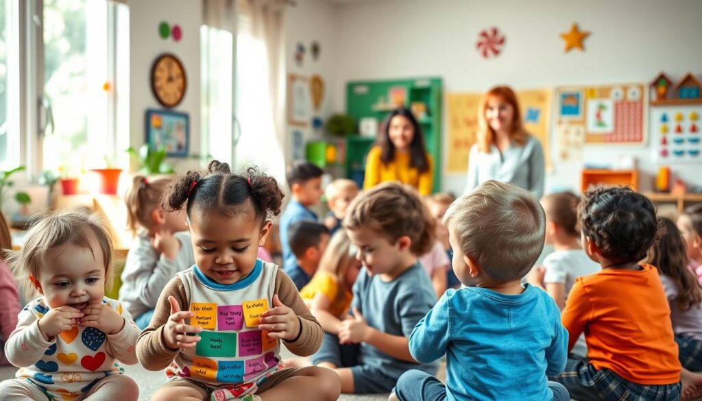 A vibrant classroom setting filled with a diversity of children engaging in various activities that promote self-advocacy skills. In the foreground, a group of toddlers enthusiastically sharing their needs using colorful visual aids. The middle ground features older children role-playing different scenarios, demonstrating effective communication and decision-making. In the background, a nurturing teacher observes and guides the interactions with a warm smile. Soft, natural lighting pours in through large windows, creating an inviting atmosphere. The scene captures the joy of learning and expression, with whimsical decor on the walls and a diverse group of children wearing casual, colorful clothing. The mood is positive and empowering, emphasizing confidence and collaboration among peers. A vibrant classroom setting filled with a diversity of children engaging in various activities that promote self-advocacy skills. In the foreground, a group of toddlers enthusiastically sharing their needs using colorful visual aids. The middle ground features older children role-playing different scenarios, demonstrating effective communication and decision-making. In the background, a nurturing teacher observes and guides the interactions with a warm smile. Soft, natural lighting pours in through large windows, creating an inviting atmosphere. The scene captures the joy of learning and expression, with whimsical decor on the walls and a diverse group of children wearing casual, colorful clothing. The mood is positive and empowering, emphasizing confidence and collaboration among peers.