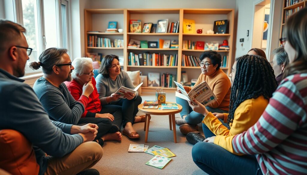 A vibrant, engaging scene depicting a group of diverse adults gathered in a cozy, well-lit room, actively participating in a story chain game. In the foreground, two individuals animatedly share their parts of the story, seated on comfortable floor cushions, while others listen intently, showcasing expressions of focus and excitement. In the middle, a small table holds colorful story prompts and props. The background reveals a welcoming environment with soft lighting, warm colors, and bookshelves filled with various games and resources. The atmosphere is lively yet intimate, with a sense of collaboration and creativity, captured in a slightly angled shot to emphasize interaction among participants, conveying a spirit of teamwork and playful learning. A vibrant, engaging scene depicting a group of diverse adults gathered in a cozy, well-lit room, actively participating in a story chain game. In the foreground, two individuals animatedly share their parts of the story, seated on comfortable floor cushions, while others listen intently, showcasing expressions of focus and excitement. In the middle, a small table holds colorful story prompts and props. The background reveals a welcoming environment with soft lighting, warm colors, and bookshelves filled with various games and resources. The atmosphere is lively yet intimate, with a sense of collaboration and creativity, captured in a slightly angled shot to emphasize interaction among participants, conveying a spirit of teamwork and playful learning.