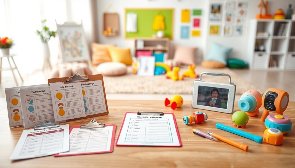 A visual representation of various listening assessment tools designed for child communication. In the foreground, an organized table displays colorful assessment cards, clipboards with checklists, and auditory toys, symbolizing interactive listening activities. The middle ground features soft, engaging educational materials like charts and sound recording devices, capturing the essence of communication growth. In the background, a bright and cheerful room with toys, cushions, and gentle lighting creates a warm atmosphere, suggesting a nurturing environment for learning. The focus should be on clear, vibrant colors and a clean layout, evoking a sense of curiosity and education. The scene is well-lit to highlight the tools, with a slight soft-focus effect to emphasize warmth and approachability. A visual representation of various listening assessment tools designed for child communication. In the foreground, an organized table displays colorful assessment cards, clipboards with checklists, and auditory toys, symbolizing interactive listening activities. The middle ground features soft, engaging educational materials like charts and sound recording devices, capturing the essence of communication growth. In the background, a bright and cheerful room with toys, cushions, and gentle lighting creates a warm atmosphere, suggesting a nurturing environment for learning. The focus should be on clear, vibrant colors and a clean layout, evoking a sense of curiosity and education. The scene is well-lit to highlight the tools, with a slight soft-focus effect to emphasize warmth and approachability.