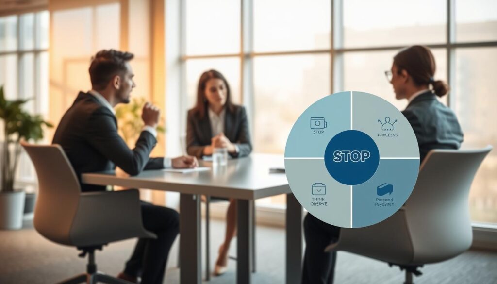 A visually engaging illustration of the "STOP Method Conflict Resolution Framework." In the foreground, a circular infographic displaying the four key components: Stop, Think, Observe, Proceed, each represented with distinct icons. The middle ground features two colleagues in professional attire, engaged in a constructive discussion, seated at a modern conference table amidst a serene office environment. The background showcases a large window with soft, natural light filtering in, illuminating the space and creating a warm, inviting atmosphere. The overall mood is positive and focused, emphasizing collaboration and communication. The composition is captured from a slightly elevated angle, enhancing the sense of interaction and engagement without any text or watermarks present. A visually engaging illustration of the "STOP Method Conflict Resolution Framework." In the foreground, a circular infographic displaying the four key components: Stop, Think, Observe, Proceed, each represented with distinct icons. The middle ground features two colleagues in professional attire, engaged in a constructive discussion, seated at a modern conference table amidst a serene office environment. The background showcases a large window with soft, natural light filtering in, illuminating the space and creating a warm, inviting atmosphere. The overall mood is positive and focused, emphasizing collaboration and communication. The composition is captured from a slightly elevated angle, enhancing the sense of interaction and engagement without any text or watermarks present.