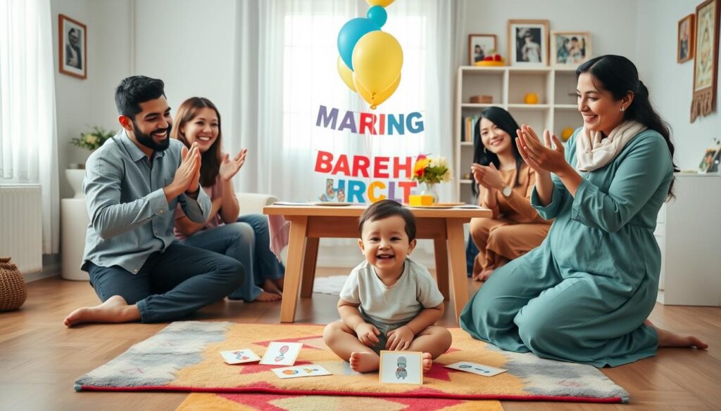 A warm and inviting family scene depicting a group of four individuals engaged in a playful celebration of language development at home. In the foreground, a smiling child sits on a colorful rug with speech cards, surrounded by enthusiastic parents clad in casual, modest clothing. They are actively participating, clapping hands and sharing joyful expressions. In the middle, a table is adorned with balloons and colorful decorations symbolizing milestones achieved in communication. In the background, soft morning light filters through a window, casting a cheerful glow, and family photos adorn the walls, capturing moments of growth. The overall atmosphere is vibrant, supportive, and celebratory, emphasizing the joy of progress in speech and language. A warm and inviting family scene depicting a group of four individuals engaged in a playful celebration of language development at home. In the foreground, a smiling child sits on a colorful rug with speech cards, surrounded by enthusiastic parents clad in casual, modest clothing. They are actively participating, clapping hands and sharing joyful expressions. In the middle, a table is adorned with balloons and colorful decorations symbolizing milestones achieved in communication. In the background, soft morning light filters through a window, casting a cheerful glow, and family photos adorn the walls, capturing moments of growth. The overall atmosphere is vibrant, supportive, and celebratory, emphasizing the joy of progress in speech and language.