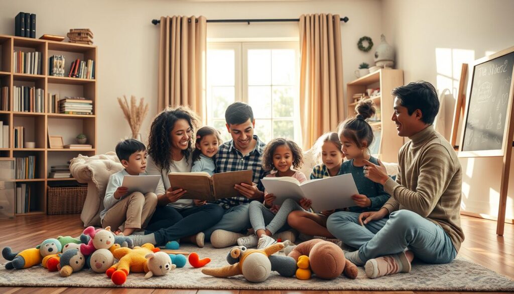 A warm and inviting living room scene where a diverse family is engaging in imaginative storytelling. In the foreground, a mother and father sit cross-legged on the floor, surrounded by colorful plush toys and drawing materials, while children of various ages, in comfortable casual clothing, are animatedly sharing ideas, their faces lit with excitement. In the middle ground, a large window lets in soft, golden afternoon light that casts gentle shadows, enhancing the cozy ambiance. Shelves lined with books and art supplies frame the scene. In the background, a chalkboard filled with drawings hints at previous imaginative adventures. The overall mood is joyful and creative, showcasing the magic of family communication and imaginative play. A warm and inviting living room scene where a diverse family is engaging in imaginative storytelling. In the foreground, a mother and father sit cross-legged on the floor, surrounded by colorful plush toys and drawing materials, while children of various ages, in comfortable casual clothing, are animatedly sharing ideas, their faces lit with excitement. In the middle ground, a large window lets in soft, golden afternoon light that casts gentle shadows, enhancing the cozy ambiance. Shelves lined with books and art supplies frame the scene. In the background, a chalkboard filled with drawings hints at previous imaginative adventures. The overall mood is joyful and creative, showcasing the magic of family communication and imaginative play.