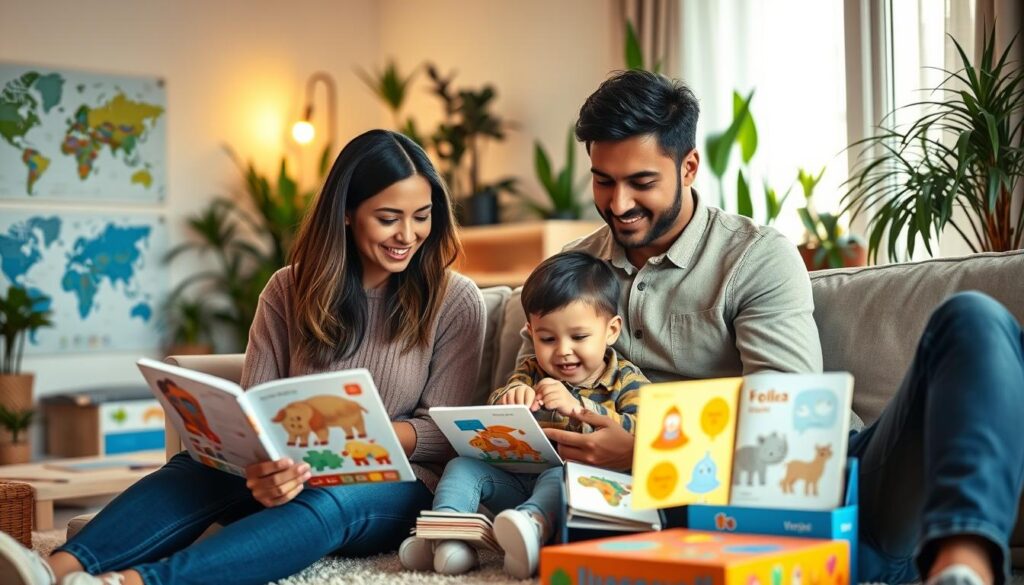 A warm, inviting living room scene showcasing a diverse family engaged in bilingual activities. In the foreground, a mother and father sit with their young child, surrounded by colorful bilingual books and flashcards. The child, joyfully pointing at an illustration, is focused on learning. The parents are dressed in smart casual attire, displaying attentive expressions. In the middle ground, a soft-lit play area features a world map on the wall and a language-learning game on the floor. The background is filled with houseplants, creating a cozy atmosphere. Soft natural light streams through a window, enhancing the inviting feel of this nurturing space. The overall mood is supportive and encouraging, highlighting the importance of parental engagement in bilingual development. A warm, inviting living room scene showcasing a diverse family engaged in bilingual activities. In the foreground, a mother and father sit with their young child, surrounded by colorful bilingual books and flashcards. The child, joyfully pointing at an illustration, is focused on learning. The parents are dressed in smart casual attire, displaying attentive expressions. In the middle ground, a soft-lit play area features a world map on the wall and a language-learning game on the floor. The background is filled with houseplants, creating a cozy atmosphere. Soft natural light streams through a window, enhancing the inviting feel of this nurturing space. The overall mood is supportive and encouraging, highlighting the importance of parental engagement in bilingual development.