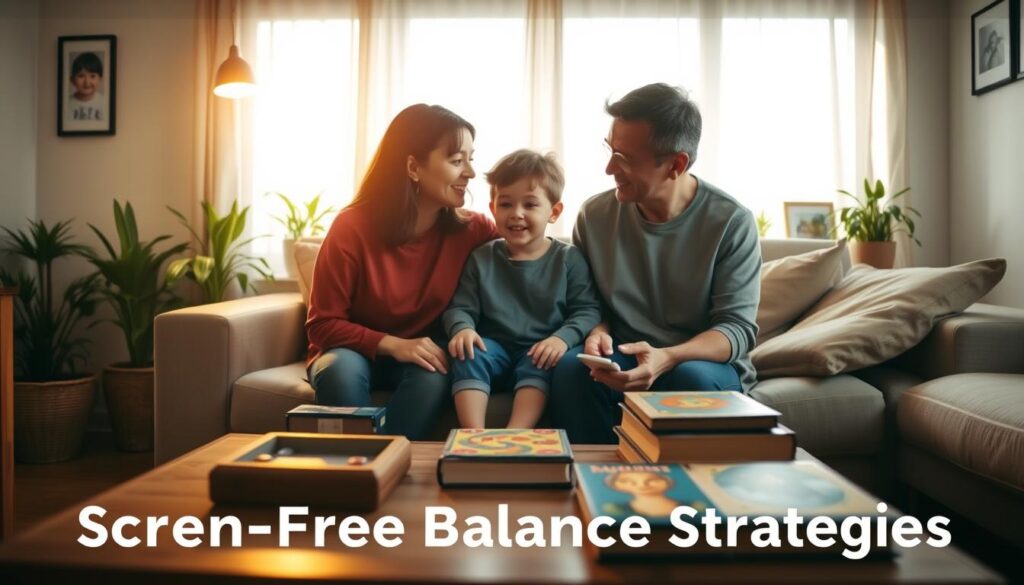 In a serene family living room, a parent and a child are engaged in a heartfelt conversation, embodying "Screen-Free Balance Strategies." In the foreground, a wooden coffee table is arranged with board games and books, creating an inviting atmosphere for interaction. In the middle ground, the parent and child are seated comfortably on a soft couch, both dressed in modest casual clothing, with bright, warm lighting illuminating their faces, showcasing a moment of connection. The background features a sunlit window with sheer curtains, casting a gentle glow over plants and framed family photos, enhancing the warmth. The overall mood is one of intimacy and engagement, emphasizing the joy of screen-free communication in a cozy home setting. In a serene family living room, a parent and a child are engaged in a heartfelt conversation, embodying "Screen-Free Balance Strategies." In the foreground, a wooden coffee table is arranged with board games and books, creating an inviting atmosphere for interaction. In the middle ground, the parent and child are seated comfortably on a soft couch, both dressed in modest casual clothing, with bright, warm lighting illuminating their faces, showcasing a moment of connection. The background features a sunlit window with sheer curtains, casting a gentle glow over plants and framed family photos, enhancing the warmth. The overall mood is one of intimacy and engagement, emphasizing the joy of screen-free communication in a cozy home setting.