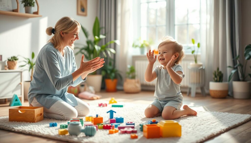 a warm and inviting scene illustrating a supportive environment for special needs children. In the foreground, a compassionate caregiver kneels beside a joyful child, both engaged in playful body language such as smiling, clapping, and open gestures. The middle ground features colorful toys and learning materials scattered on a soft rug, conveying an interactive setting. In the background, sunlight streams through a window, casting a gentle glow, while plants add a touch of nature, enhancing the feeling of comfort. The overall mood is uplifting and encouraging, reflecting the importance of non-verbal communication. Use a soft focus lens to create a dreamy atmosphere while keeping the subjects clearly defined. a warm and inviting scene illustrating a supportive environment for special needs children. In the foreground, a compassionate caregiver kneels beside a joyful child, both engaged in playful body language such as smiling, clapping, and open gestures. The middle ground features colorful toys and learning materials scattered on a soft rug, conveying an interactive setting. In the background, sunlight streams through a window, casting a gentle glow, while plants add a touch of nature, enhancing the feeling of comfort. The overall mood is uplifting and encouraging, reflecting the importance of non-verbal communication. Use a soft focus lens to create a dreamy atmosphere while keeping the subjects clearly defined.