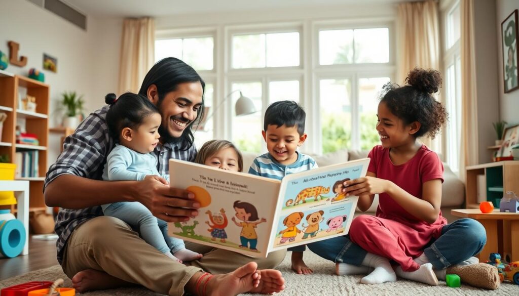 A diverse bilingual family of four engaging in their daily routine at home. In the foreground, a father and mother are happily reading a story to their children, who are giggling and pointing at the pictures in a bilingual children's book. The mother, dressed in a colorful, modest top, and the father in a casual button-up shirt, exude warmth and positivity. In the middle, a cozy living room filled with educational toys and language-learning materials, hints of multicultural decor, and a soft rug. In the background, large windows let in natural light, creating an inviting atmosphere. The scene captures genuine connection and joy in family interactions, emphasizing the success of bilingual parenting. The overall mood is uplifting, showcasing an environment of love, learning, and cultural harmony.