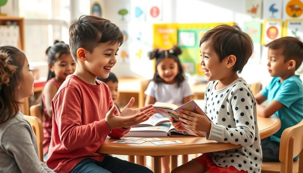A diverse group of bilingual children engaged in a lively conversation, seamlessly switching between two languages, showcasing their mixed speech patterns. In the foreground, two children, a boy and a girl, are animatedly gesturing and smiling as they share a story, dressed in colorful, casual clothing. The middle ground features other children sitting at a round table, attentively listening and occasionally chiming in, with books and bilingual flashcards scattered around. The background displays a cozy, sunlit classroom adorned with language-related posters. The scene is bright and inviting, filled with warmth, encouraging a sense of curiosity and joy in language learning. Capture the atmosphere of playful interaction and linguistic exploration, using soft, natural lighting to enhance the friendly mood. A diverse group of bilingual children engaged in a lively conversation, seamlessly switching between two languages, showcasing their mixed speech patterns. In the foreground, two children, a boy and a girl, are animatedly gesturing and smiling as they share a story, dressed in colorful, casual clothing. The middle ground features other children sitting at a round table, attentively listening and occasionally chiming in, with books and bilingual flashcards scattered around. The background displays a cozy, sunlit classroom adorned with language-related posters. The scene is bright and inviting, filled with warmth, encouraging a sense of curiosity and joy in language learning. Capture the atmosphere of playful interaction and linguistic exploration, using soft, natural lighting to enhance the friendly mood.