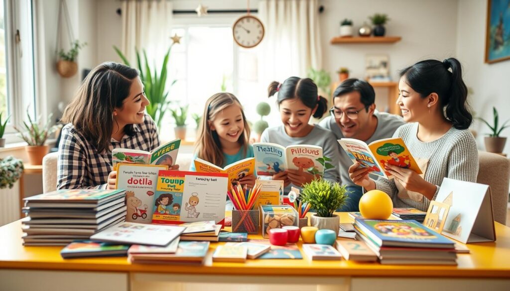 A vibrant and engaging bilingual family activity kit scene. In the foreground, show a colorful assortment of educational materials, including books in two languages, flashcards, and arts and crafts supplies, neatly arranged on a bright table. In the middle, depict a diverse family of four—parents of different ethnic backgrounds and two children—interacting joyfully while using the kit. The children are holding bilingual storybooks, while the parents guide them in a fun activity. In the background, create a cozy, sunlit living room filled with plants and playful decorations. Use warm lighting to evoke a cheerful and inviting atmosphere, with a shallow depth of field focusing on the family's joyful expressions. The overall mood should be informative and fun, perfect for a bilingual learning environment.