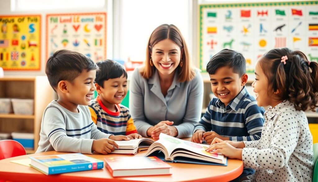 A vibrant classroom scene showcasing the benefits of language switching among bilingual children. In the foreground, two children of diverse ethnic backgrounds enthusiastically engage in a joint activity, one speaking Spanish and the other English. They are seated at a colorful table filled with books and learning materials. In the middle ground, a supportive teacher, dressed in professional attire, observes them with a smile, fostering an encouraging environment. The background features educational posters depicting various languages and cultural symbols, creating a rich atmosphere for learning. The lighting is bright and inviting, suggesting an afternoon sun filtering through large windows, creating a warm and optimistic mood, highlighting connection, collaboration, and the joy of language learning. A vibrant classroom scene showcasing the benefits of language switching among bilingual children. In the foreground, two children of diverse ethnic backgrounds enthusiastically engage in a joint activity, one speaking Spanish and the other English. They are seated at a colorful table filled with books and learning materials. In the middle ground, a supportive teacher, dressed in professional attire, observes them with a smile, fostering an encouraging environment. The background features educational posters depicting various languages and cultural symbols, creating a rich atmosphere for learning. The lighting is bright and inviting, suggesting an afternoon sun filtering through large windows, creating a warm and optimistic mood, highlighting connection, collaboration, and the joy of language learning.