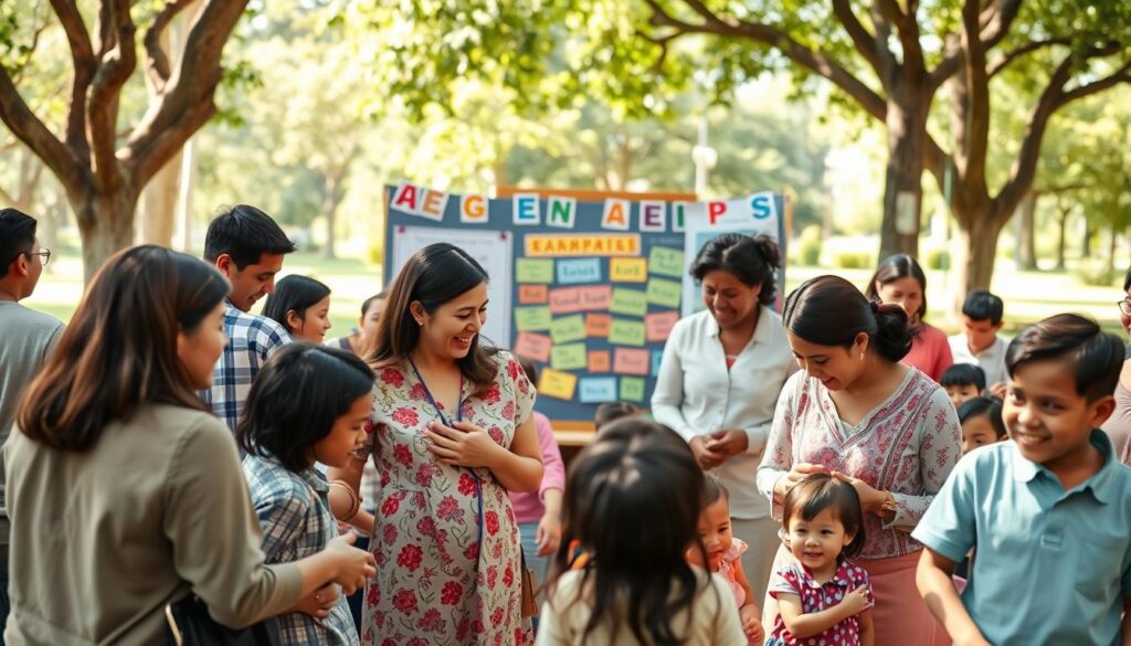 A vibrant community gathering scene depicting bilingual parenting support. In the foreground, a diverse group of parents engaging eagerly with their children, all wearing modest casual clothing. The middle ground captures an inviting classroom filled with bilingual educational materials, colorful posters featuring words in multiple languages, and children joyfully participating in interactive activities. In the background, a tree-lined park suggests a warm, sunny day, creating an atmosphere of inclusivity and collaboration. Soft, natural lighting filters through the trees, enhancing the positive energy of the scene. A shallow depth of field focuses on the engaged interactions between parents and children, emphasizing the community's commitment to fostering bilingual communication.