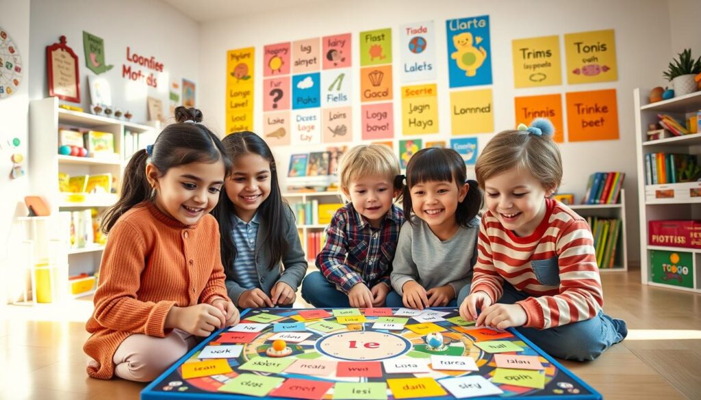 A vibrant scene of bilingual kids engaging in various fun activities that encourage language learning. In the foreground, a diverse group of three children, two girls and one boy, are playing an interactive board game filled with colorful cards featuring words in both English and Spanish. They are dressed in modest casual clothing, radiating joy and curiosity. In the middle, a cozy, well-lit playroom filled with shelves of educational games and books. Bright posters showcasing words in different languages adorn the walls, creating an inspiring environment. In the background, soft sunlight streams through a large window, illuminating the playful atmosphere. The overall mood is lively and encouraging, capturing the adventure of learning languages through play. A vibrant scene of bilingual kids engaging in various fun activities that encourage language learning. In the foreground, a diverse group of three children, two girls and one boy, are playing an interactive board game filled with colorful cards featuring words in both English and Spanish. They are dressed in modest casual clothing, radiating joy and curiosity. In the middle, a cozy, well-lit playroom filled with shelves of educational games and books. Bright posters showcasing words in different languages adorn the walls, creating an inspiring environment. In the background, soft sunlight streams through a large window, illuminating the playful atmosphere. The overall mood is lively and encouraging, capturing the adventure of learning languages through play.