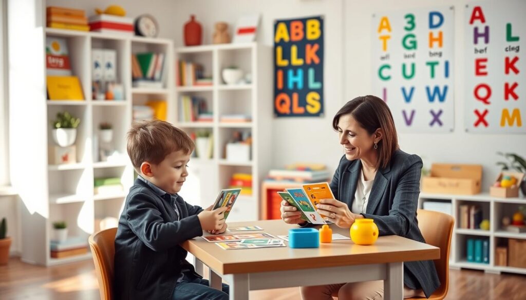 A warm and inviting scene in a bright, modern office setting. In the foreground, a bilingual child, aged around six, sits at a table with a speech professional, who is a middle-aged woman dressed in smart business attire, guiding the child with colorful language flashcards. In the middle ground, a variety of bilingual resources like books and toys are neatly arranged, suggesting a rich environment for language learning. The background features shelves filled with educational materials and vibrant wall posters depicting alphabets in different languages, enhancing the atmosphere of learning and growth. Soft, natural light filters through a window, creating an encouraging and supportive mood, inviting a sense of professional assessment and engagement.