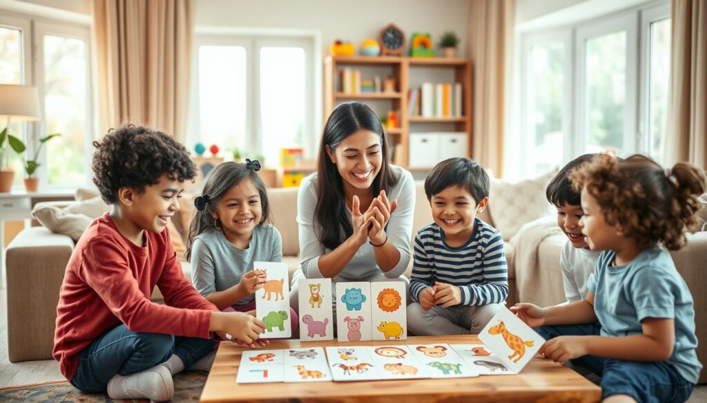 A bright, inviting living room scene centered around a family engaging in a daily routine encouraging speech sounds. In the foreground, a diverse group of three children, aged 4-7, joyfully playing a sound-based game with colorful cards featuring various animals. Lively expressions on their faces convey excitement and engagement. In the middle, a parent, dressed in casual yet professional attire, supports one child by clapping and offering cheerful encouragement. The background features cozy furniture, a bookshelf filled with educational toys, and warm ambient light filtering through large windows, creating a friendly atmosphere. Capture this scene with a soft focus on the subjects, using natural light for a cheerful and uplifting mood.