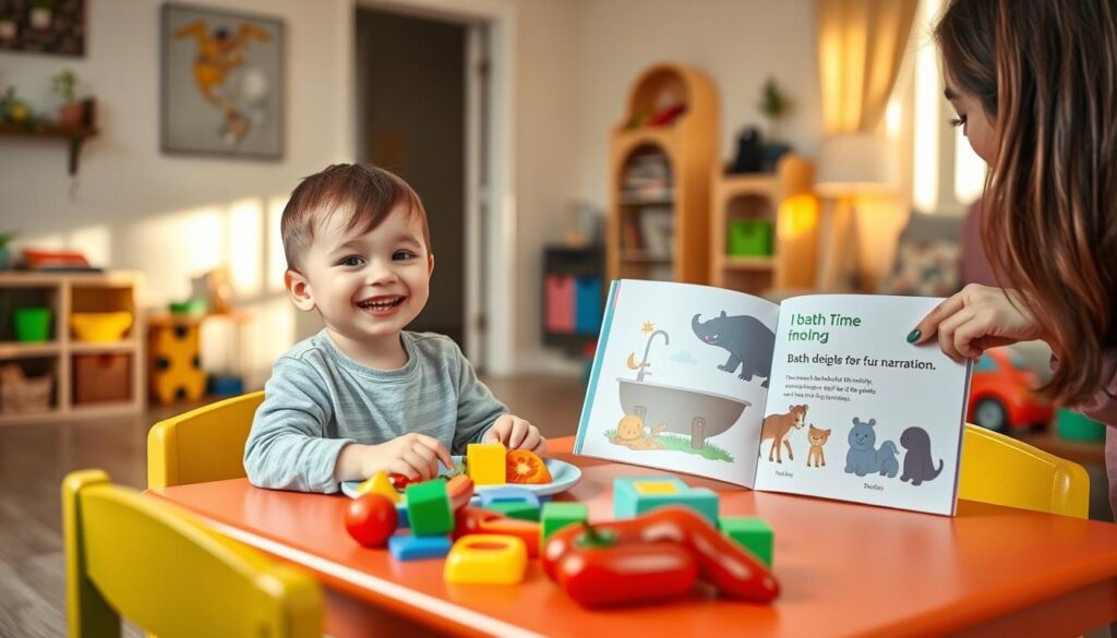 A cheerful child, around five years old, engaged in learning during daily routines at home. In the foreground, the child sits at a colorful, child-sized table, smiling as they choose healthy snacks from a vibrant array of fruits and vegetables. On the table, there are playful shapes and toys, enhancing the learning experience. In the middle ground, a parent is gently guiding the child, using an illustration book that depicts bath time animals, suggesting a transition to bath narration. The background shows a tidy living room, with toys and books neatly organized. Soft, warm lighting from a nearby window creates an inviting atmosphere, emphasizing a nurturing environment. The scene captures the essence of playful learning and connection, encouraging engagement through routine activities.